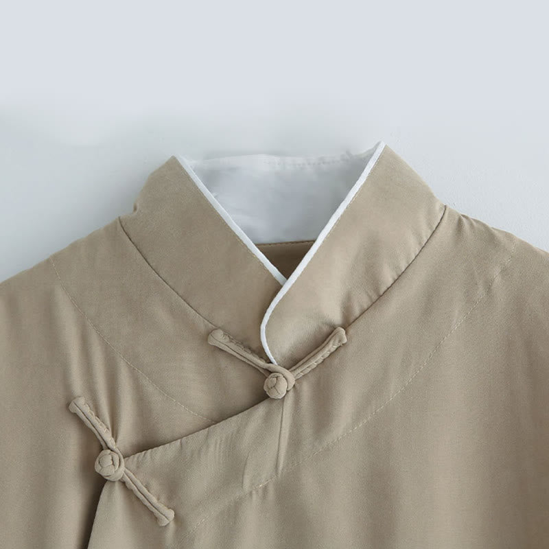 Buddha Stones Fall Solid Color Chinese Frog-Button Cotton Men's Tang Suit Robe - image 15