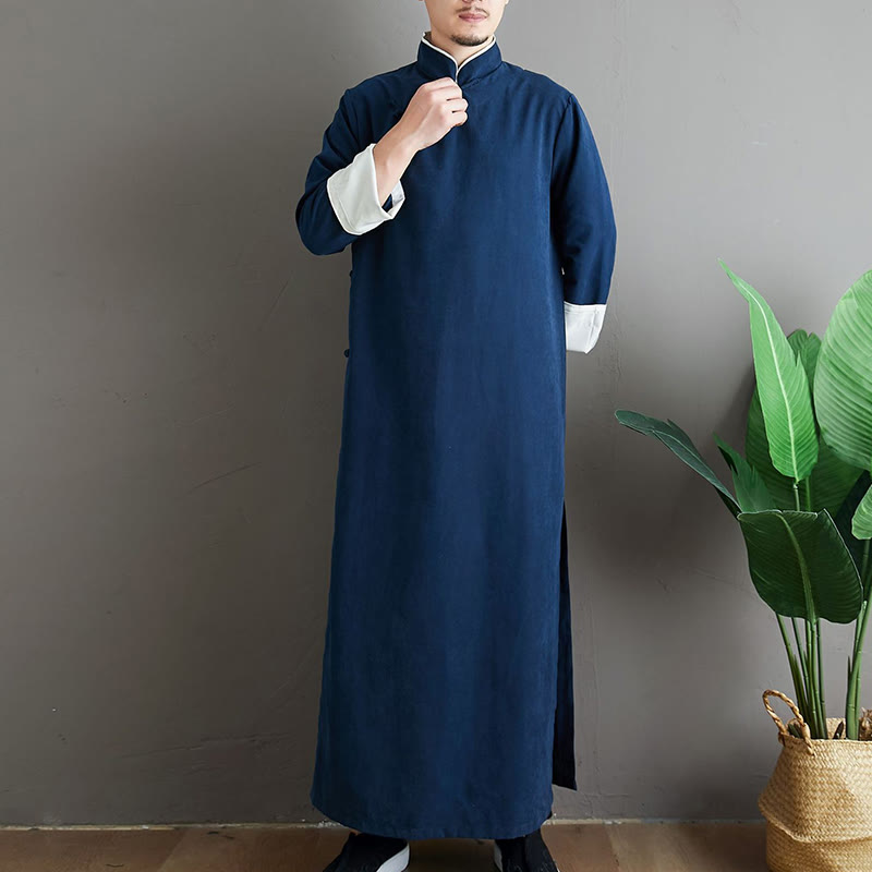 Buddha Stones Fall Solid Color Chinese Frog-Button Cotton Men's Tang Suit Robe - image 24