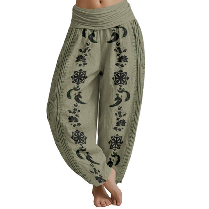 Buddha Stones Dharma Wheel Lotus OM Pattern Women's Elastic Waist Harem Pants