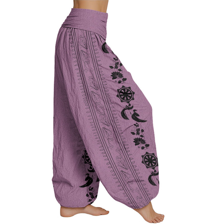 Buddha Stones Dharma Wheel Lotus OM Pattern Women's Elastic Waist Harem Pants