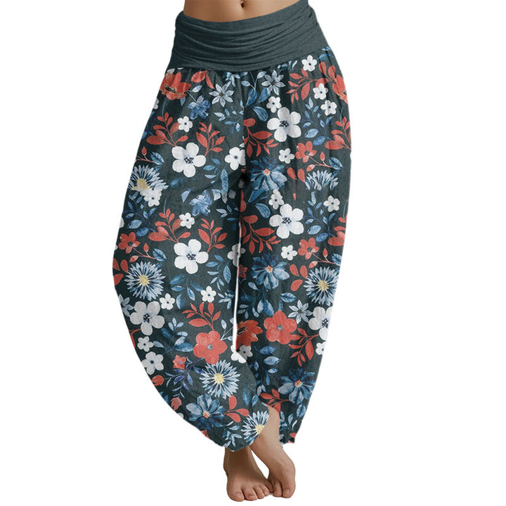 Buddha Stones Casual Red White Flower Dandelion Design Women's Elastic Waist Harem Pants