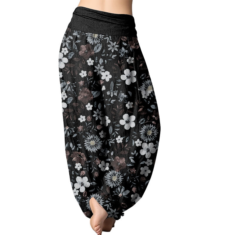 Buddha Stones Casual Red White Flower Dandelion Design Women's Elastic Waist Harem Pants