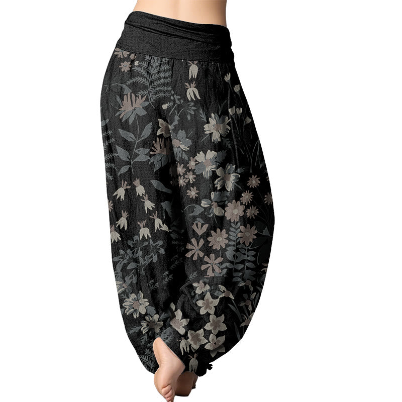 Buddha Stones Casual Daisy Flowers Leaves Design Women's Elastic Waist Harem Pants