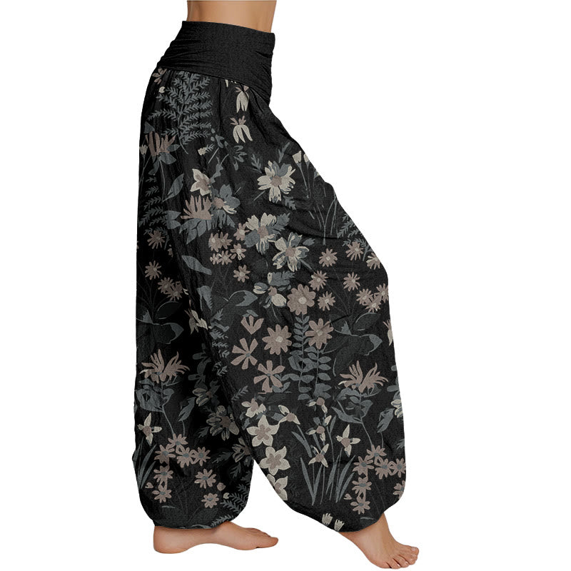 Buddha Stones Casual Daisy Flowers Leaves Design Women's Elastic Waist Harem Pants