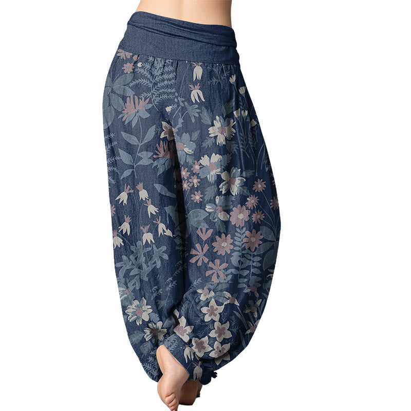 Buddha Stones Casual Daisy Flowers Leaves Design Women's Elastic Waist Harem Pants