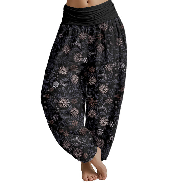 Buddha Stones Casual New York Aster Flowers Leaves Design Women's Elastic Waist Harem Pants