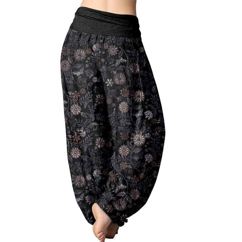 Buddha Stones Casual New York Aster Flowers Leaves Design Women's Elastic Waist Harem Pants