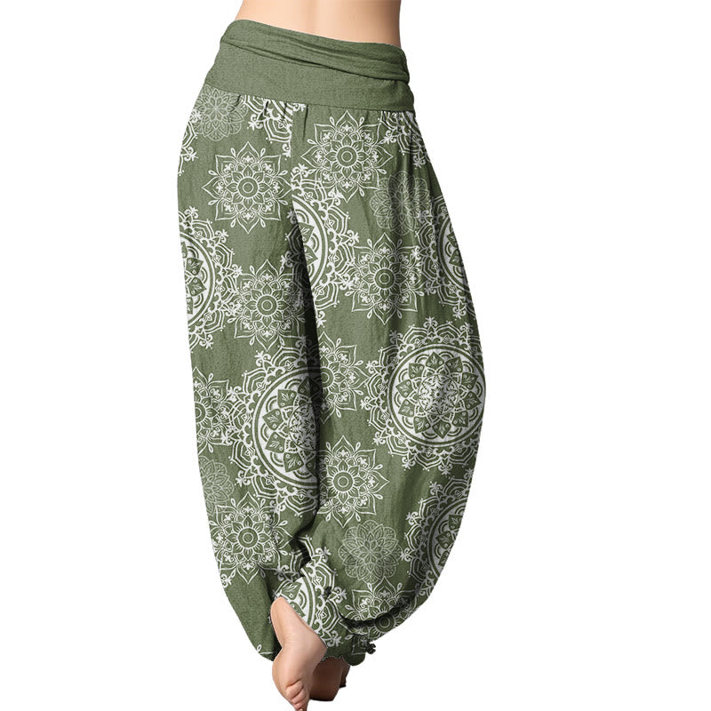 Buddha Stones Casual White Mandala Flower Design Women's Elastic Waist Harem Pants