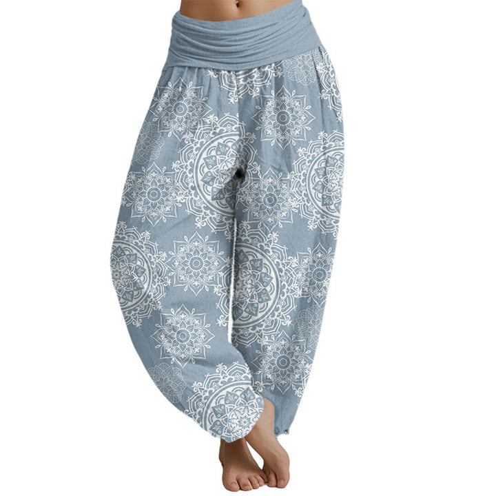 Buddha Stones Casual White Mandala Flower Design Women's Elastic Waist Harem Pants