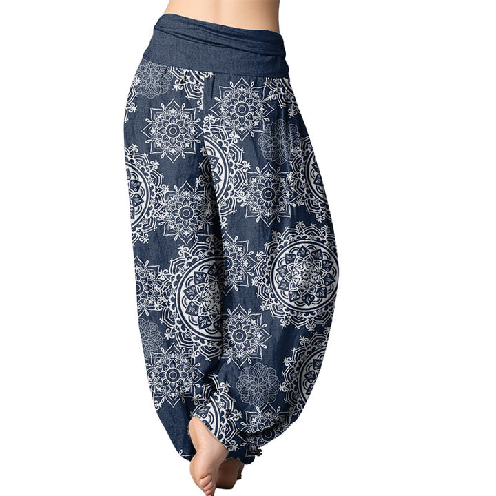 Buddha Stones Casual White Mandala Flower Design Women's Elastic Waist Harem Pants