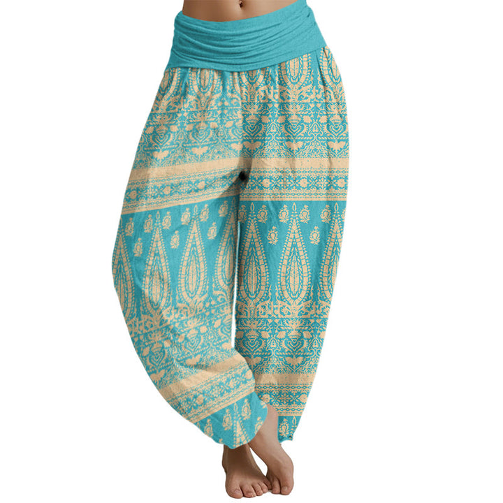 Buddha Stones Casual Feather Stripes Design Women's Elastic Waist Harem Pants