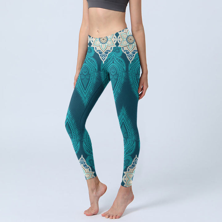 Buddha Stones Green Feather Flower Print Gym Fitness Leggings Women's Yoga Pants