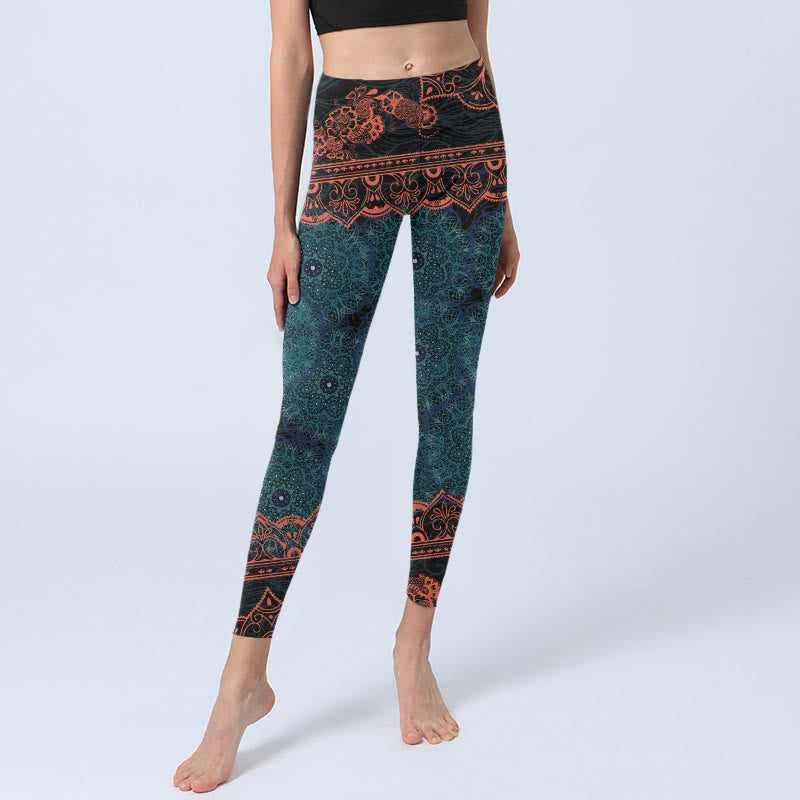 Buddha Stones Green Mandala Flower Print Gym Fitness Leggings Women's Yoga Pants