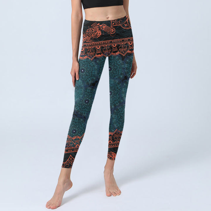 Buddha Stones Green Mandala Flower Print Gym Fitness Leggings Women's Yoga Pants