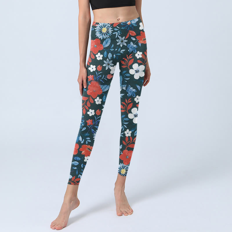 Buddha Stones Red White Flower Dandelion Print Gym Fitness Leggings Women's Yoga Pants