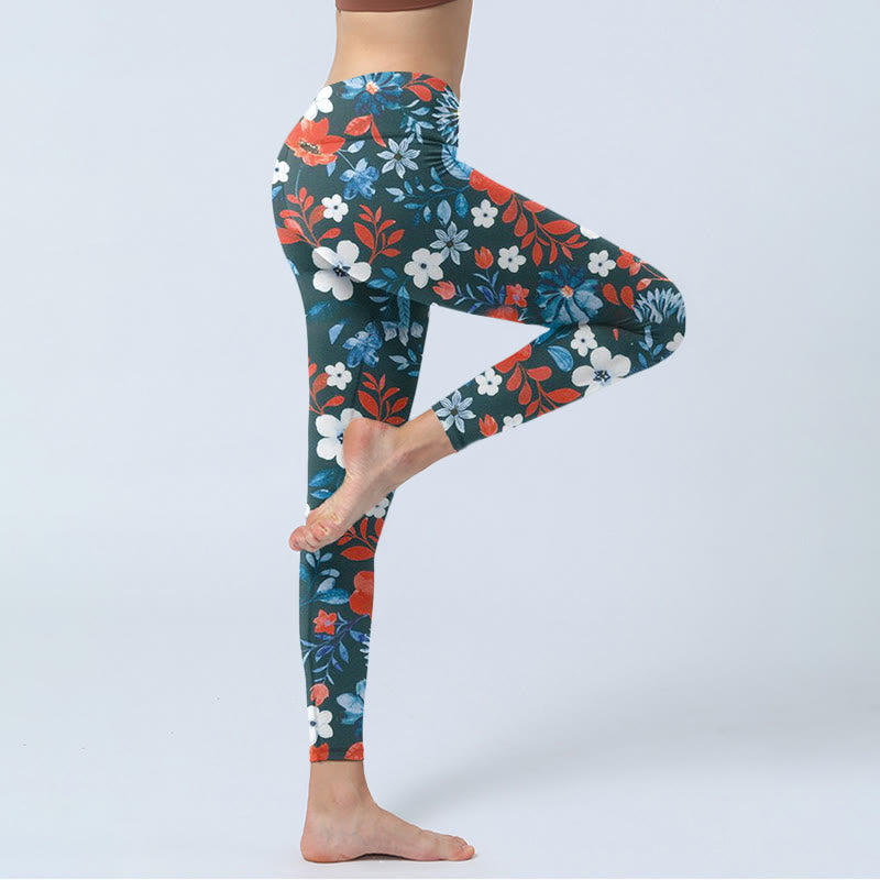Buddha Stones Red White Flower Dandelion Print Gym Fitness Leggings Women's Yoga Pants - image 3