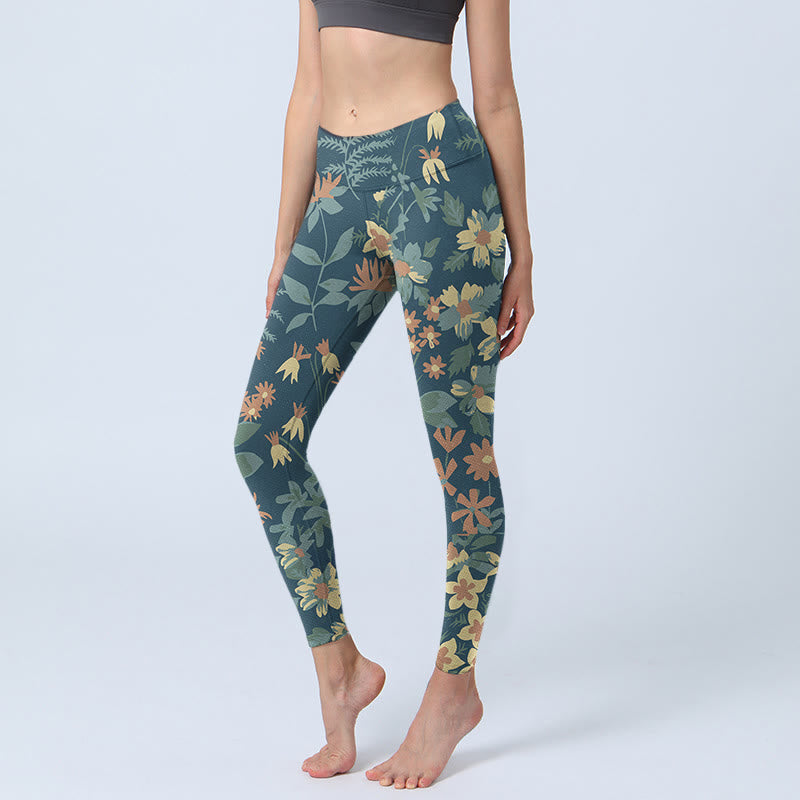 Buddha Stones Casual Daisy Flowers Leaves Print Gym Fitness Leggings Women's Yoga Pants - SteelBlue - US18，UK/AU22，EU50 (4XL) - image 1