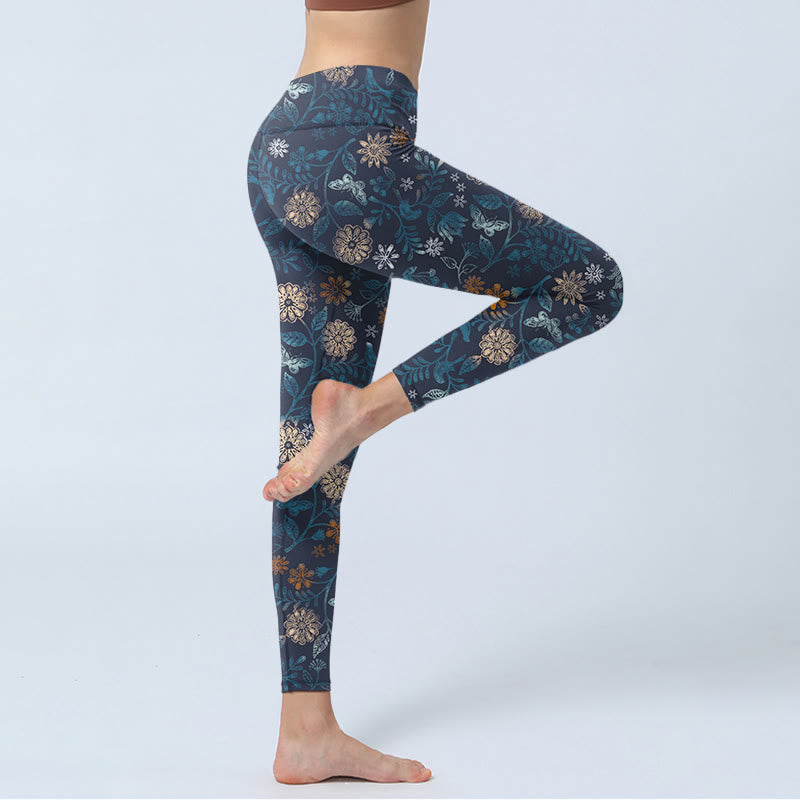 Buddha Stones New York Aster Flowers Leaves Print Gym Fitness Leggings Women's Yoga Pants