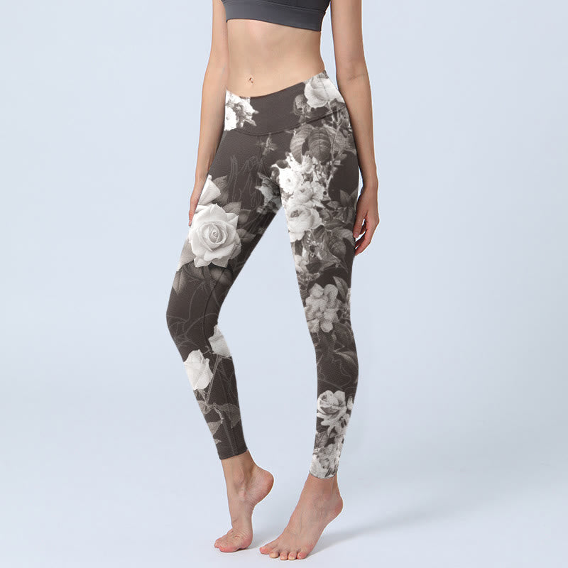 Buddha Stones Gray White Rose Print Gym Fitness Leggings Women's Yoga Pants - Gray - US18，UK/AU22，EU50 (4XL) - image 1