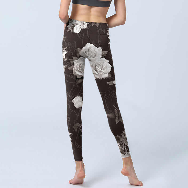 Buddha Stones Gray White Rose Print Gym Fitness Leggings Women's Yoga Pants