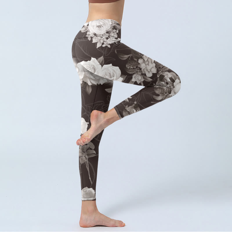 Buddha Stones Gray White Rose Print Gym Fitness Leggings Women's Yoga Pants