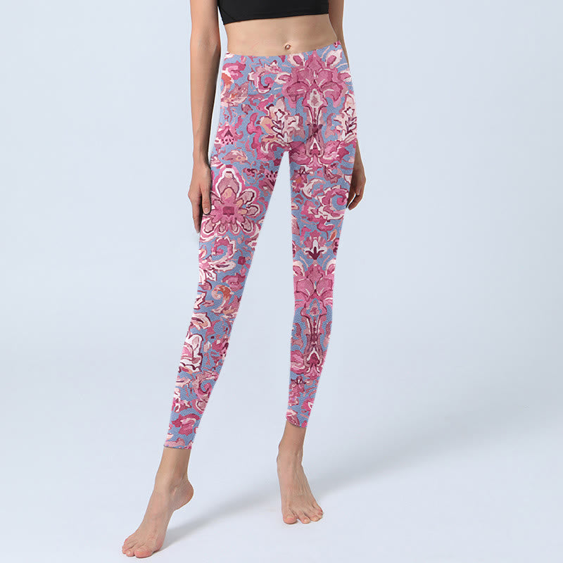 Buddha Stones Pink Flowers Print Gym Fitness Leggings Women's Yoga Pants