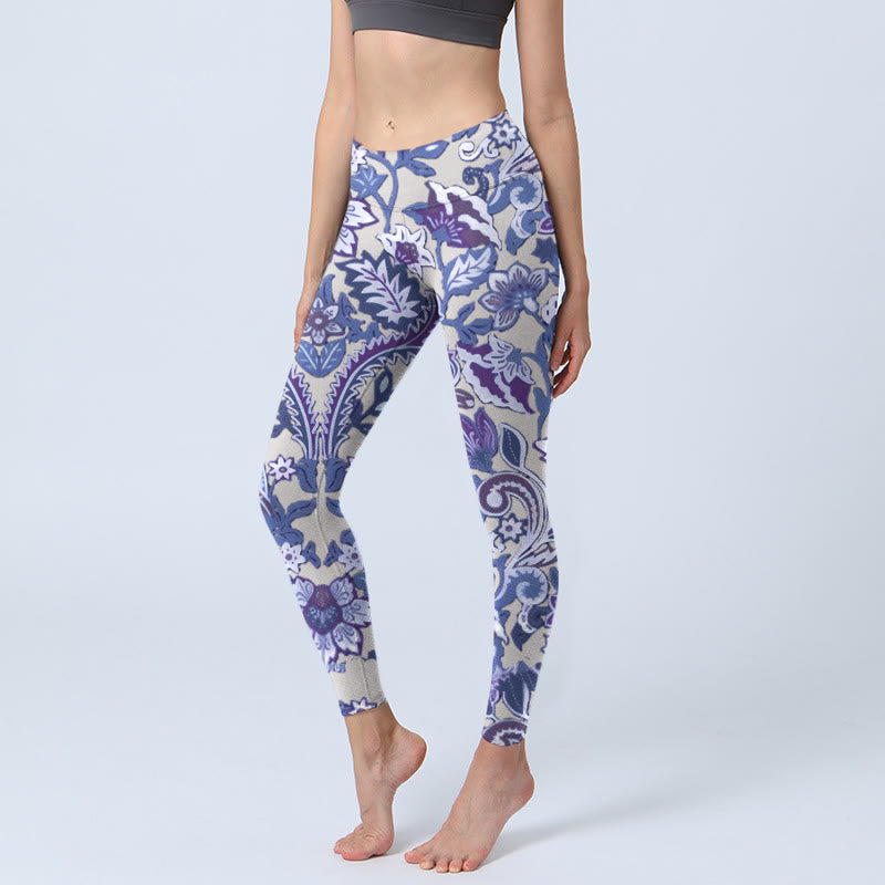 Buddha Stones Purple Flower Leaves Print Gym Fitness Leggings Women's Yoga Pants - MediumPurple - US18，UK/AU22，EU50 (4XL) - image 0
