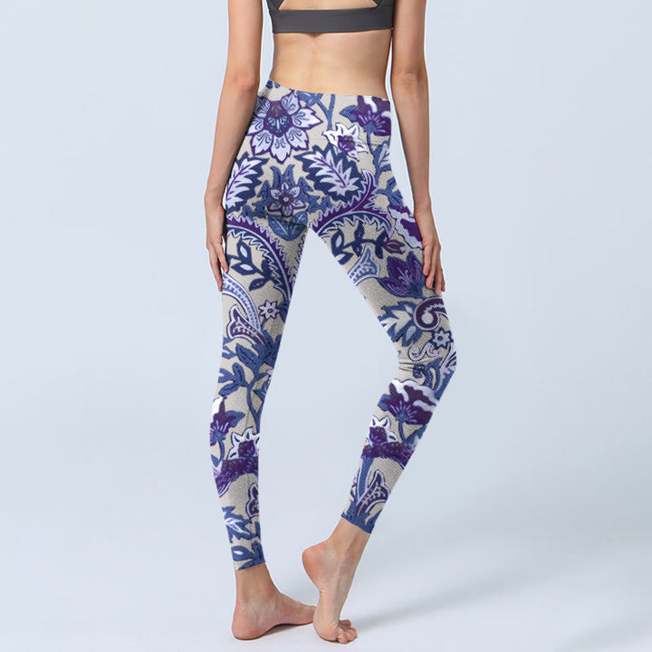 Buddha Stones Purple Flower Leaves Print Gym Fitness Leggings Women's Yoga Pants