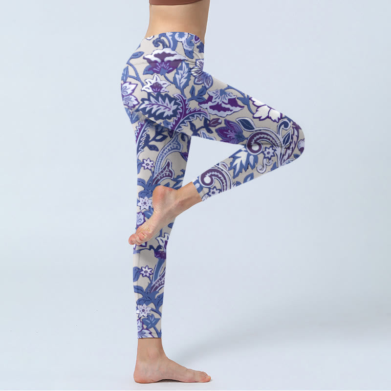 Buddha Stones Purple Flower Leaves Print Gym Fitness Leggings Women's Yoga Pants - image 3