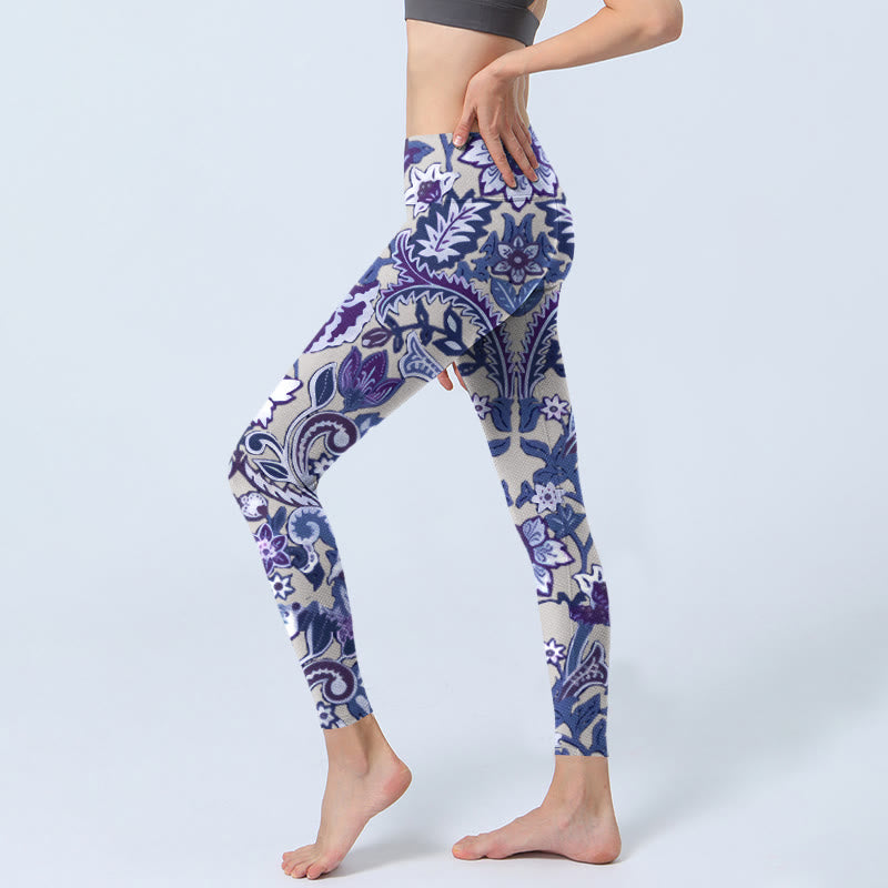 Buddha Stones Purple Flower Leaves Print Gym Fitness Leggings Women's Yoga Pants - image 2
