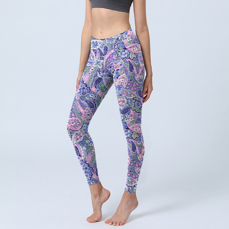Buddha Stones Purple Pink Cashew Flower Print Gym Fitness Leggings Women's Yoga Pants - MediumPurple - US18，UK/AU22，EU50 (4XL) - image 1