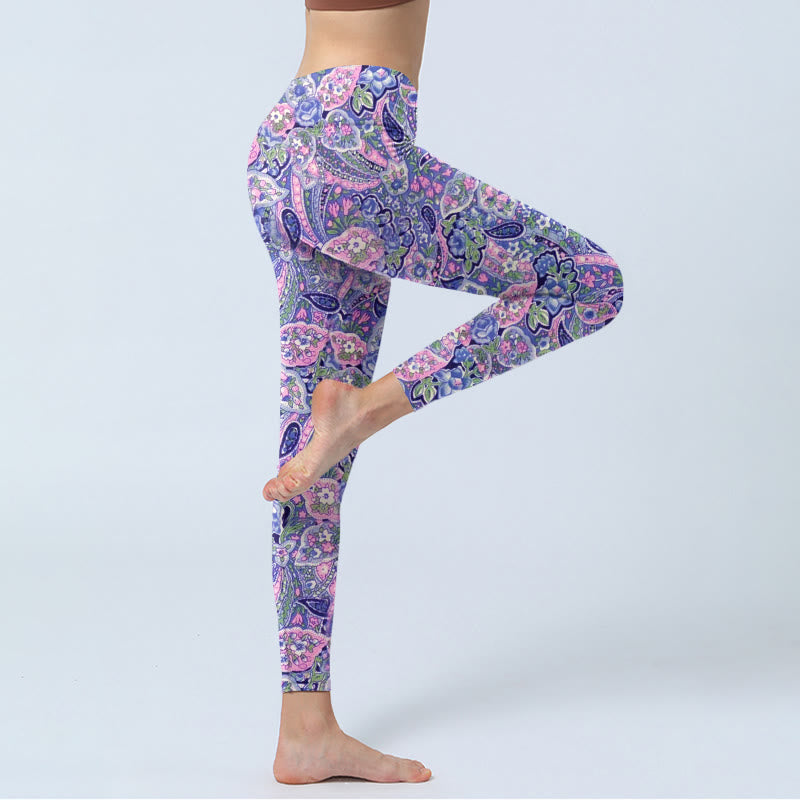 Buddha Stones Purple Pink Cashew Flower Print Gym Fitness Leggings Women's Yoga Pants - image 3