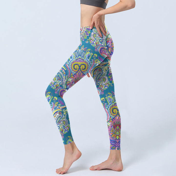 Buddha Stones Blue Pink Green Flower Print Gym Fitness Leggings Women's Yoga Pants