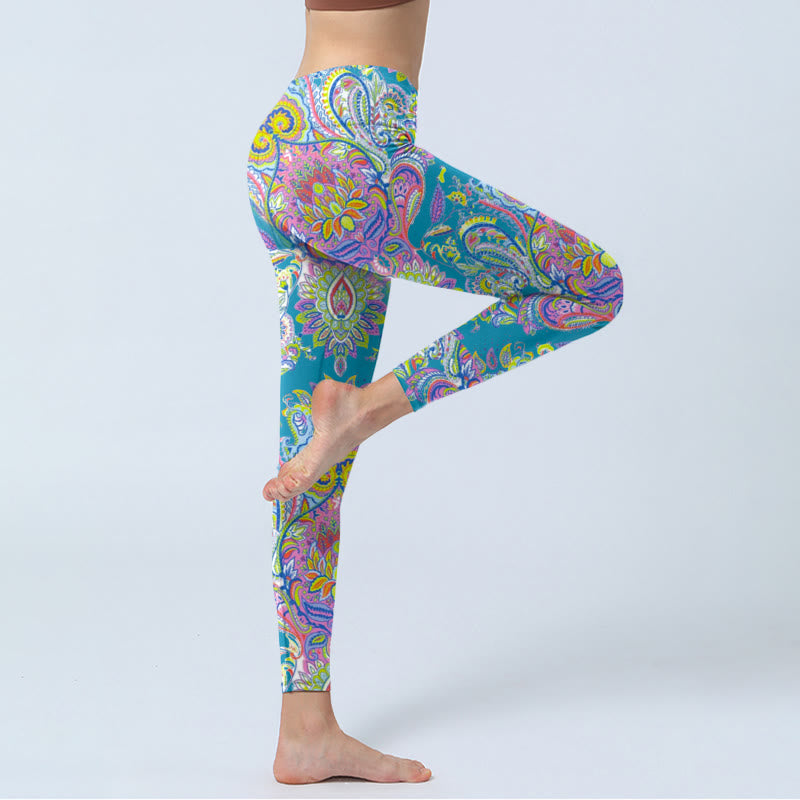 Buddha Stones Blue Pink Green Flower Print Gym Fitness Leggings Women's Yoga Pants - image 3