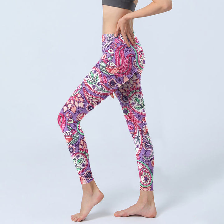 Buddha Stones Purple Pink Cashew Flower Sunflower Print Gym Fitness Leggings Women's Yoga Pants