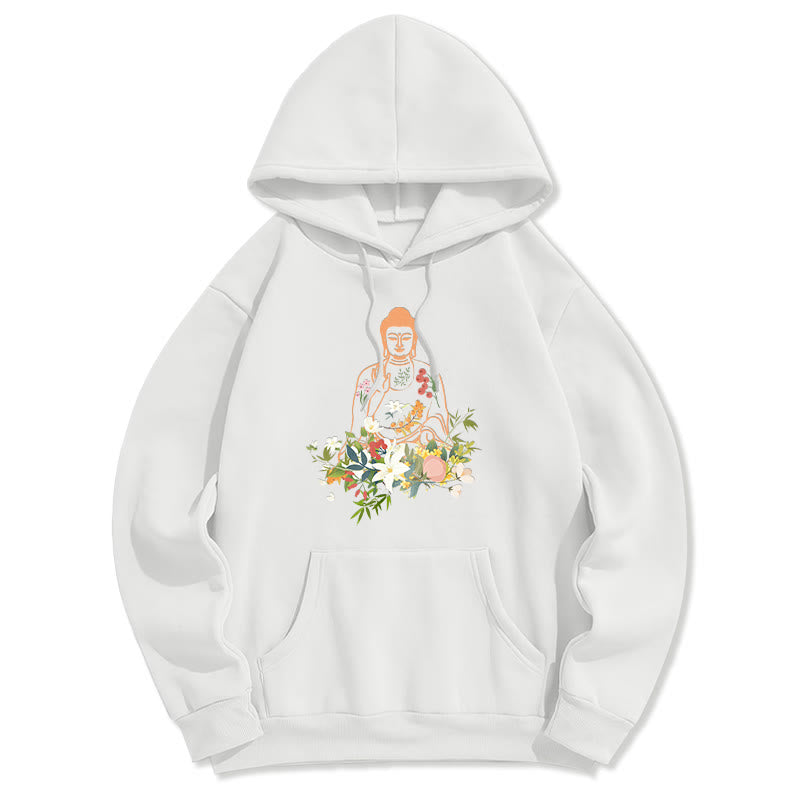 Buddha Stones Meditating Buddha Blooming Flowers Pattern Fleece Lined Hoodie