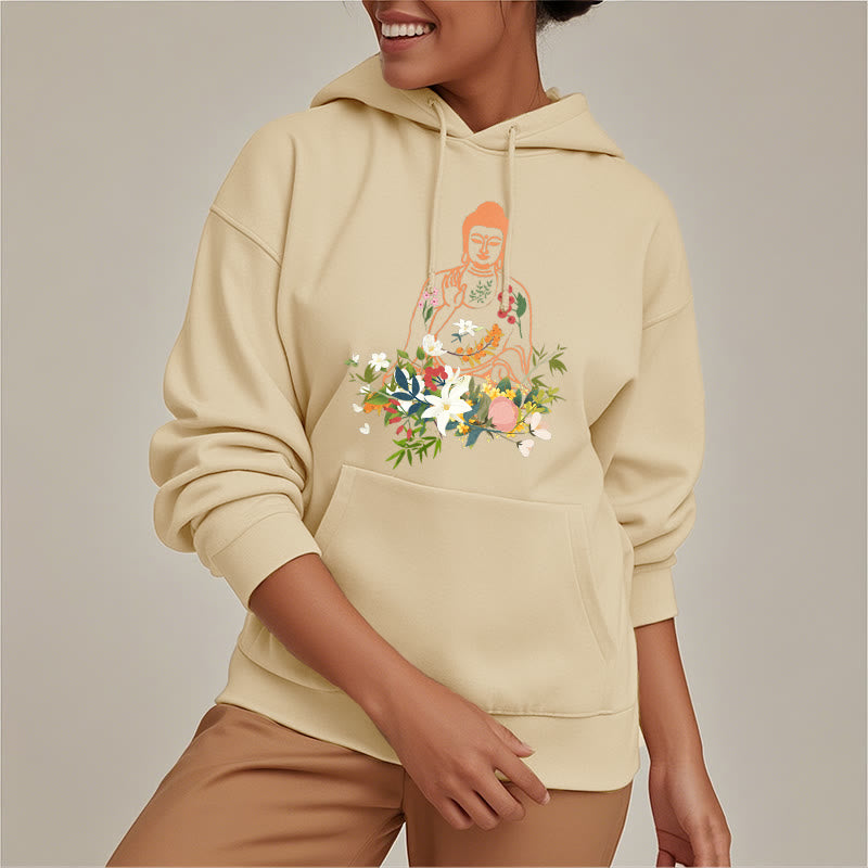 Buddha Stones Meditating Buddha Blooming Flowers Pattern Fleece Lined Hoodie