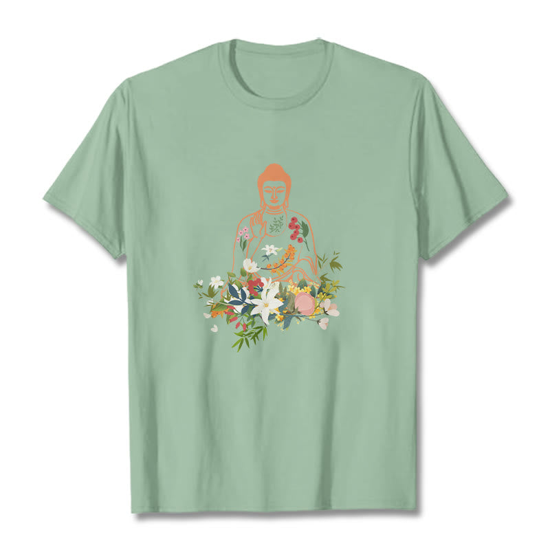 Buddha Stones Meditating Buddha Blooming Flowers Pattern Tee T-shirt - PaleGreen - 2XL - image 14