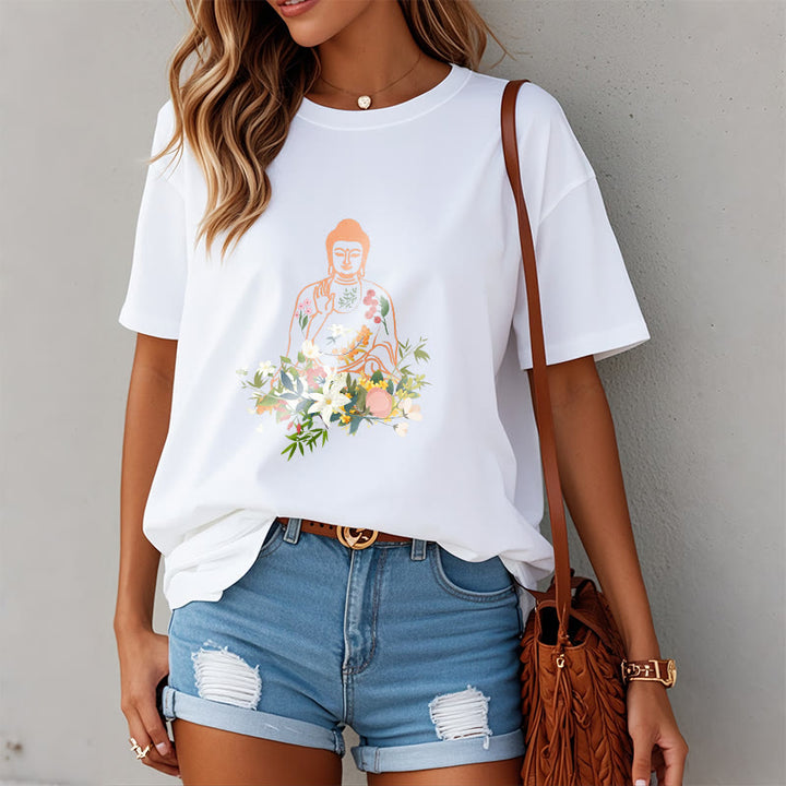 Buddha Stones Meditating Buddha Blooming Flowers Pattern Tee T-shirt - image 6