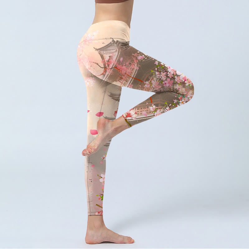 Buddha Stones Pink Sakura Antique Building Print Fitness Leggings Women's Yoga Pants