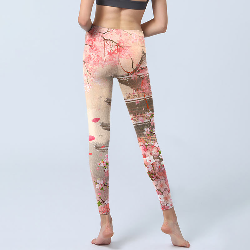 Buddha Stones Pink Sakura Antique Building Print Fitness Leggings Women's Yoga Pants - image 7