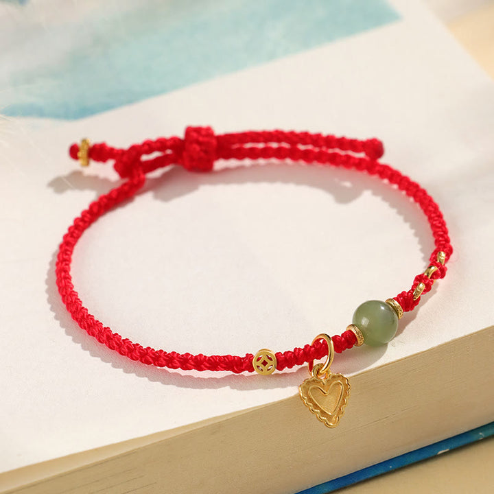 Buddha Stones 925 Sterling Silver Hetian Jade Bead Copper Coin Love Heart Charm Luck Bracelet - image 2
