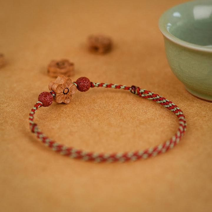 Buddha Stones Peach Wood Small Peach Blossom Cinnabar Wealth String Bracelet Anklet