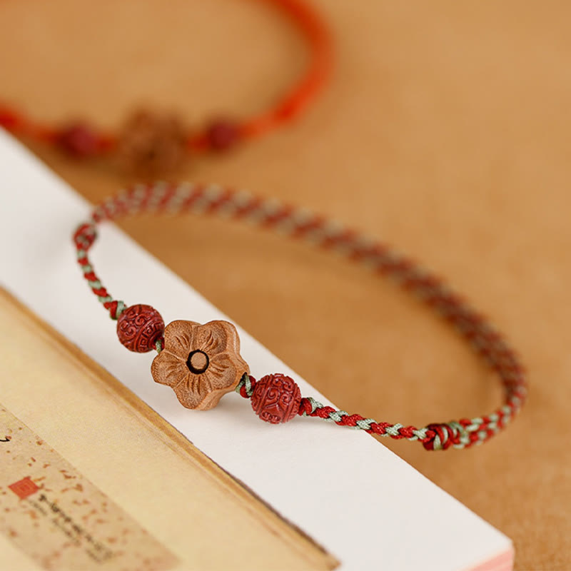 Buddha Stones Peach Wood Small Peach Blossom Cinnabar Wealth String Bracelet Anklet