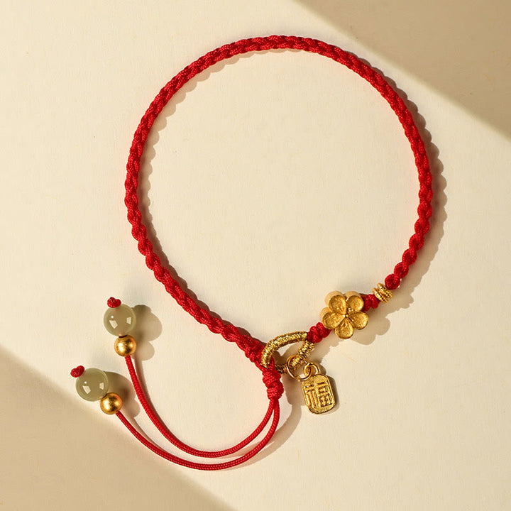 Buddha Stones Hetian Jade Small Peach Blossom Fu Character Charm Luck String Bracelet