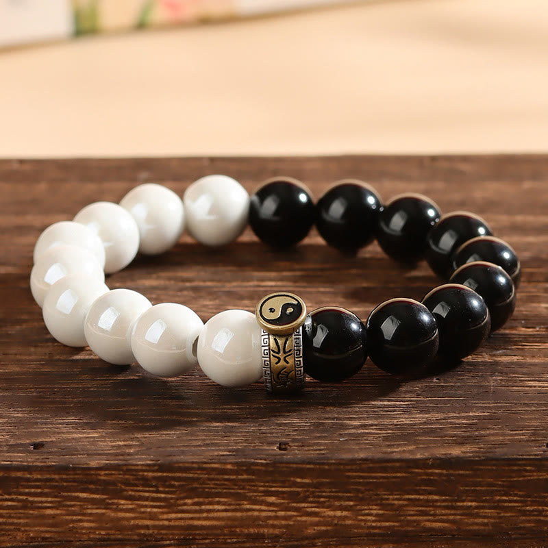 Buddha Stones Black Obsidian White Porcelain Beads Yin Yang Fulfilment Bracelet