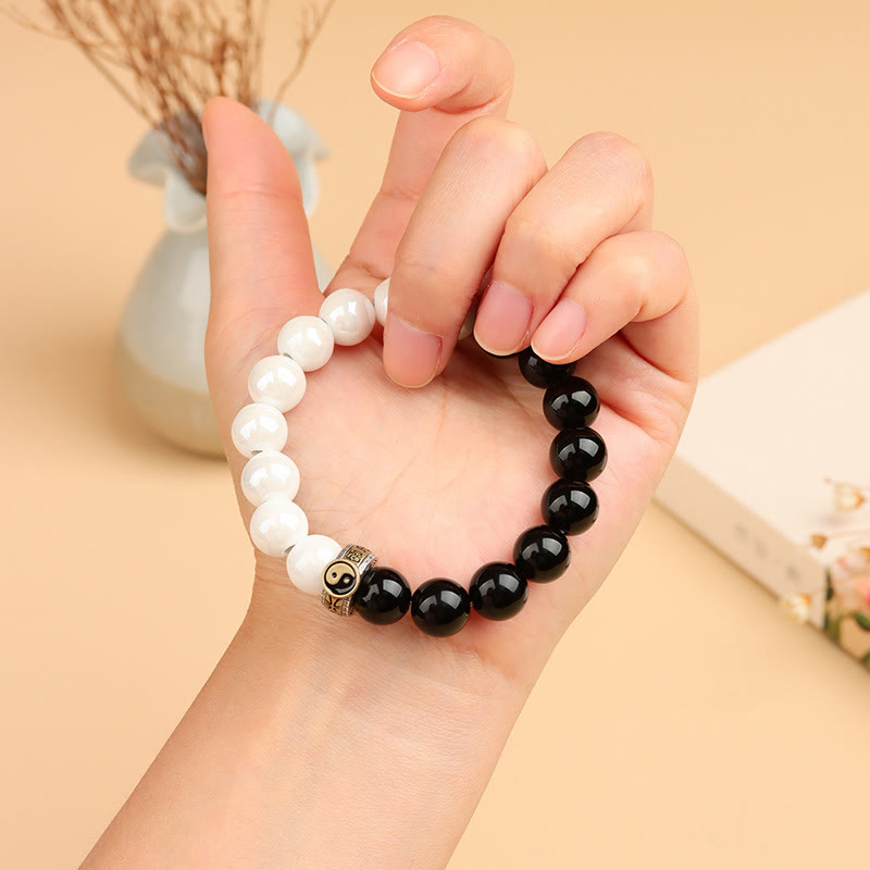 Buddha Stones Black Obsidian White Porcelain Beads Yin Yang Fulfilment Bracelet