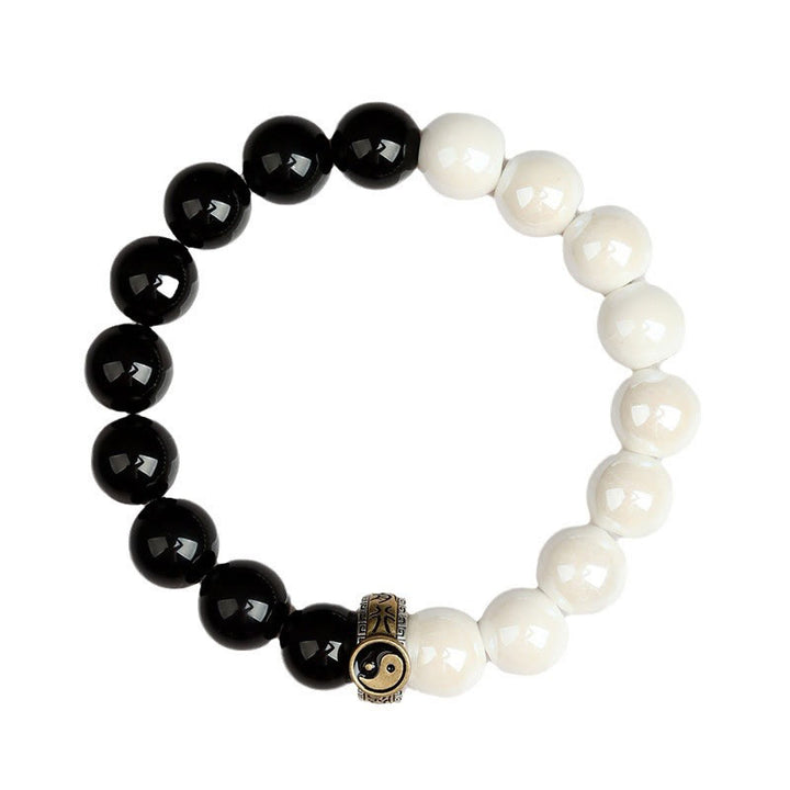 Buddha Stones Black Obsidian White Porcelain Beads Yin Yang Fulfilment Bracelet