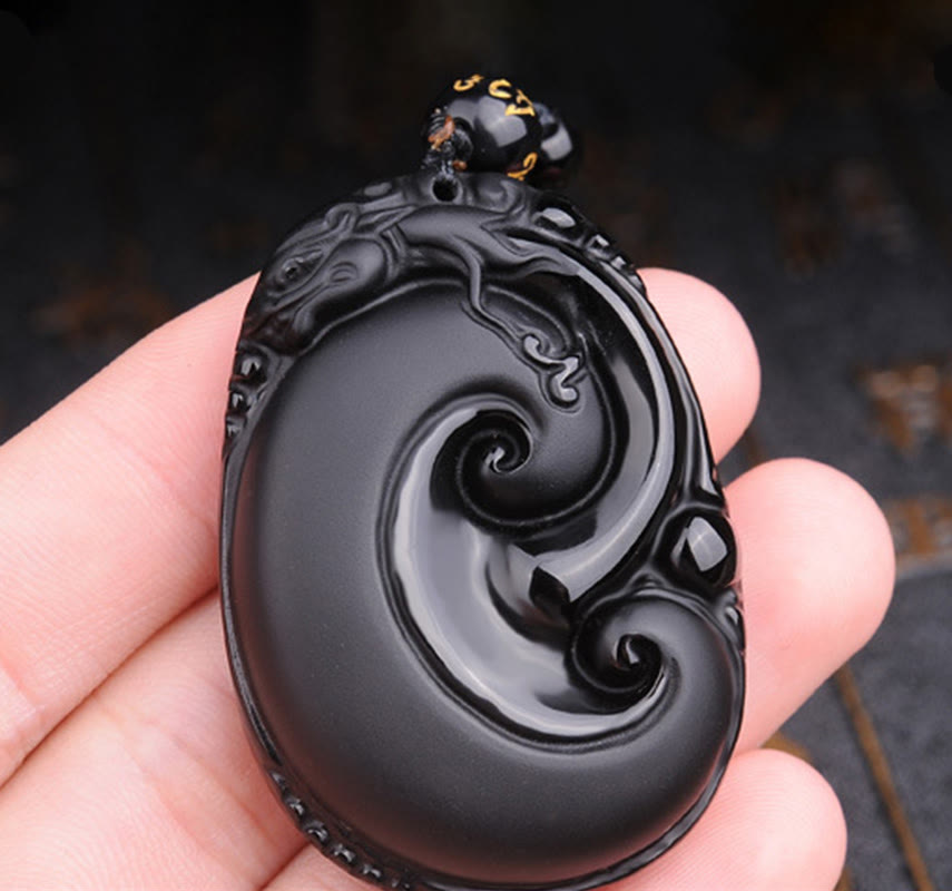 Buddha Stones Natural Black Obsidian PiXiu Oval Pattern Strength Necklace Pendant