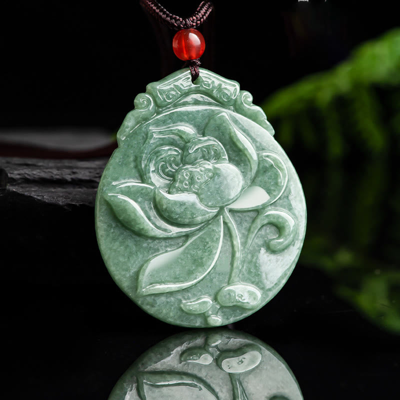 Buddha Stones Round Lotus Pattern Jade Abundance Prosperity Necklace Rope Pendant